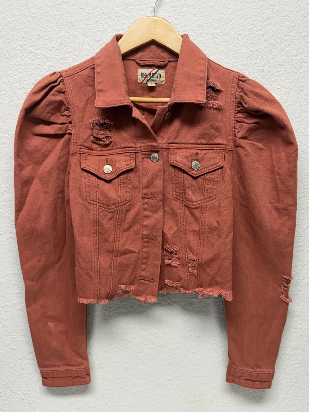 Distressed Rust Puff-Sleeve Denim Jacket - Denim Blvd